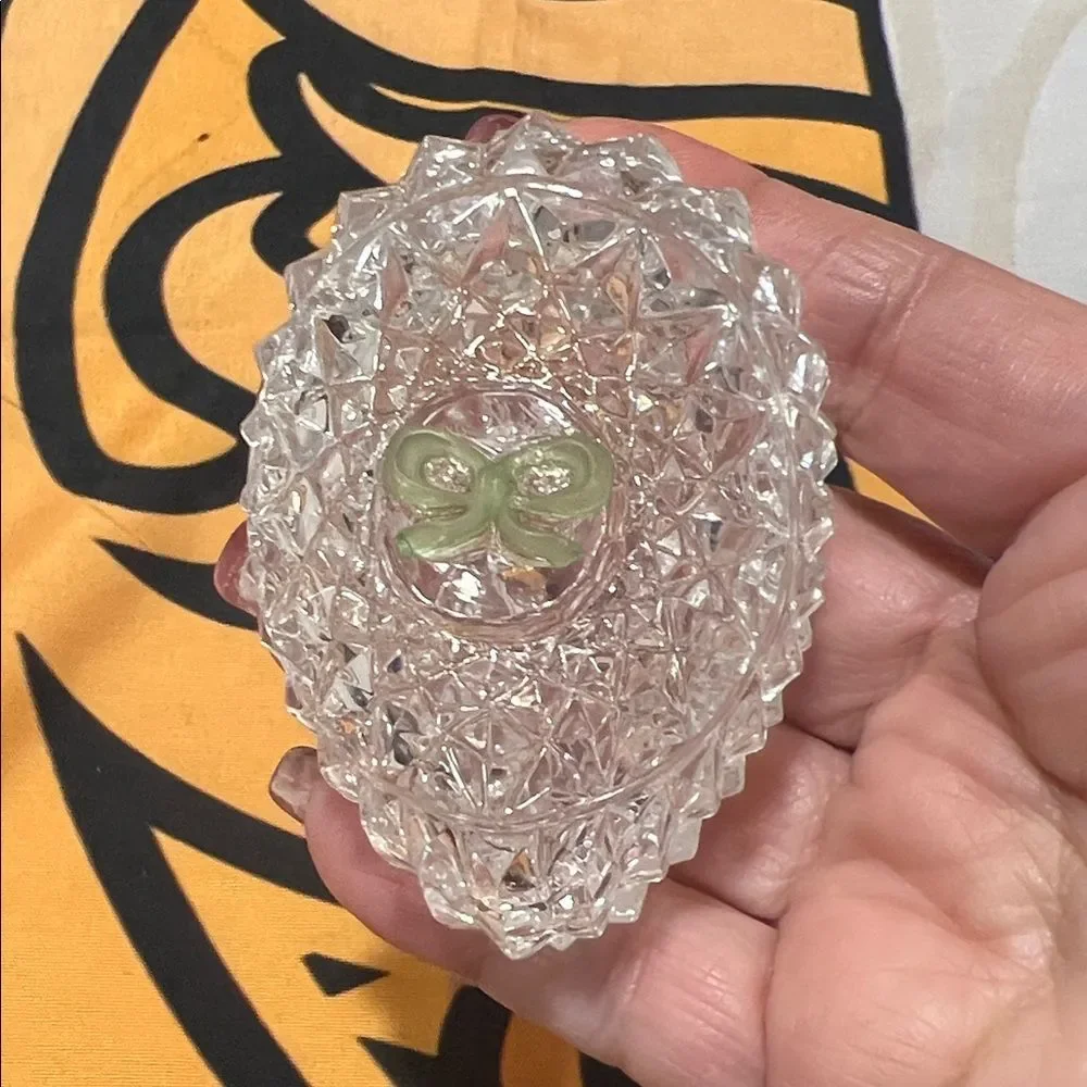 Vintage Enesco Crystal Egg with Green Bow Accent